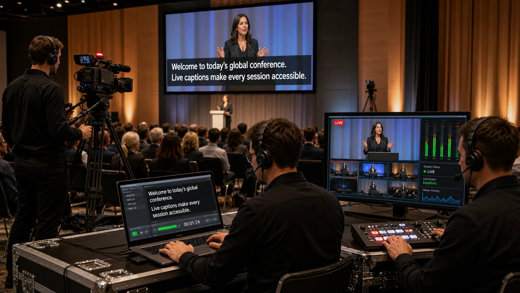 Technical team providing live streaming, recording and live captioning at a multilingual conference