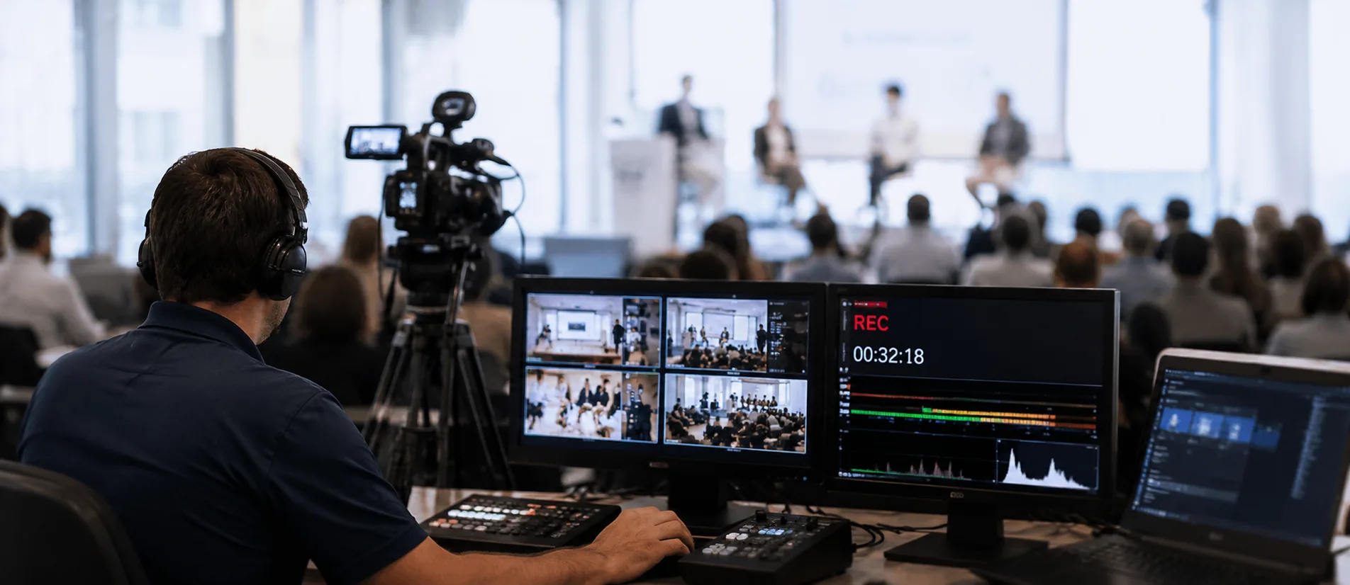 Technician recording a multilingual conference with separate audiovisual feeds