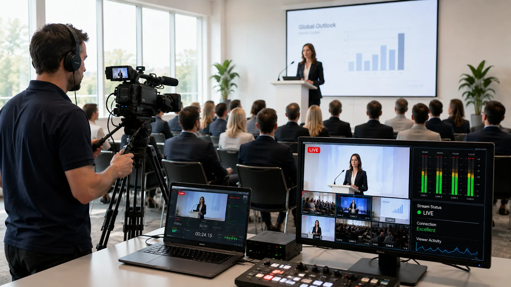 Camera operator and live production desk streaming a multilingual conference